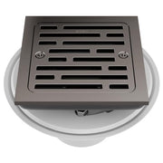 Square black onyx shower drain with horizontal slot grate and white mounting collar, shown from above.