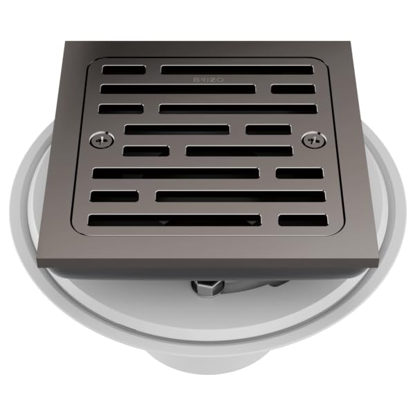 Square black onyx shower drain with horizontal slot grate and white mounting collar, shown from above.