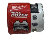 Milwaukee 1-13/16" bi-metal hole saw with red packaging showing Hole Dozer branding and warranty label.