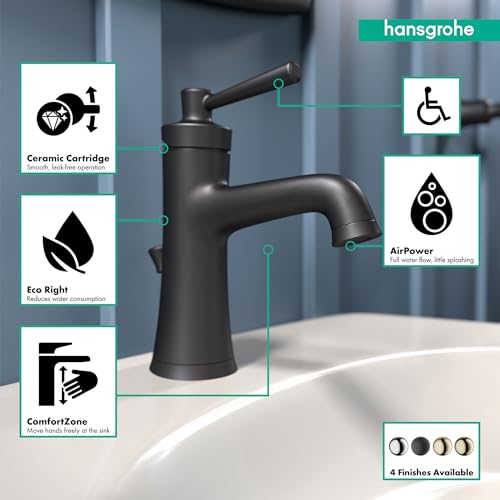 Matte black single-hole bathroom faucet with curved spout, lever handle, and pop-up drain on white sink.
