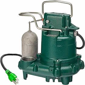 Green cast iron sump pump with attached float switch, inlet port, and power cord with green plug.