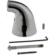 Chrome metal lever handle kit with curved spout connection and mounting hardware components.