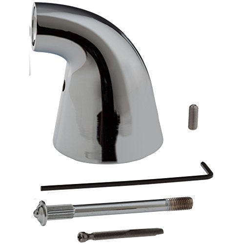 Chrome metal lever handle kit with curved spout connection and mounting hardware components.
