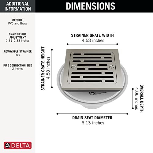 Stainless steel square shower drain with horizontal slat grate, 4.58-inch width, removable strainer basket visible.