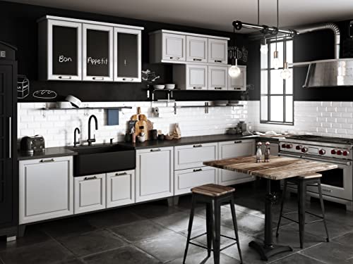 Satin black fireclay farmhouse apron front kitchen sink with single bowl and white subway tile backsplash in modern kitchen.
