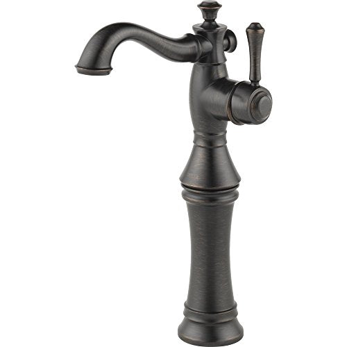 Black single-handle vessel bathroom faucet with curved spout and tall pedestal base.
