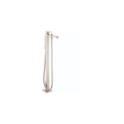 Brushed nickel freestanding tub filler with lever handle and attached handshower on hose.