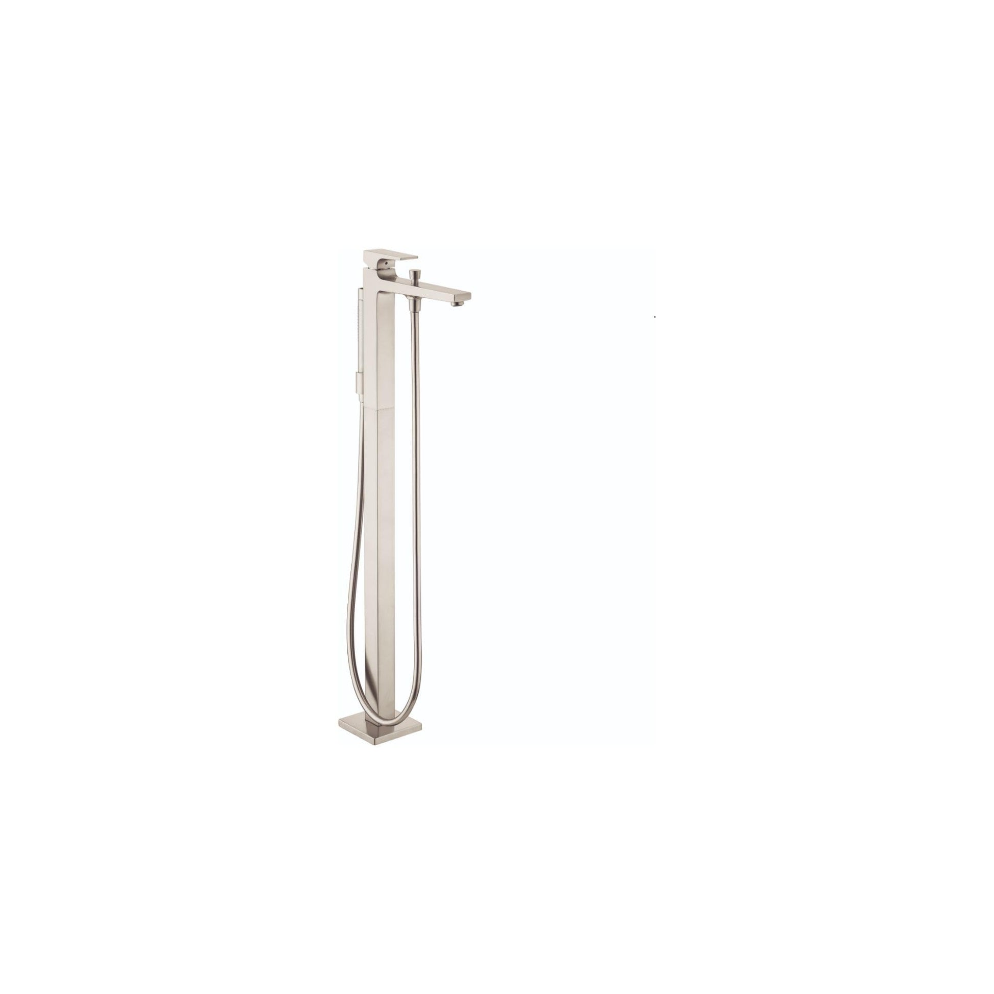 Brushed nickel freestanding tub filler with lever handle and attached handshower on hose.