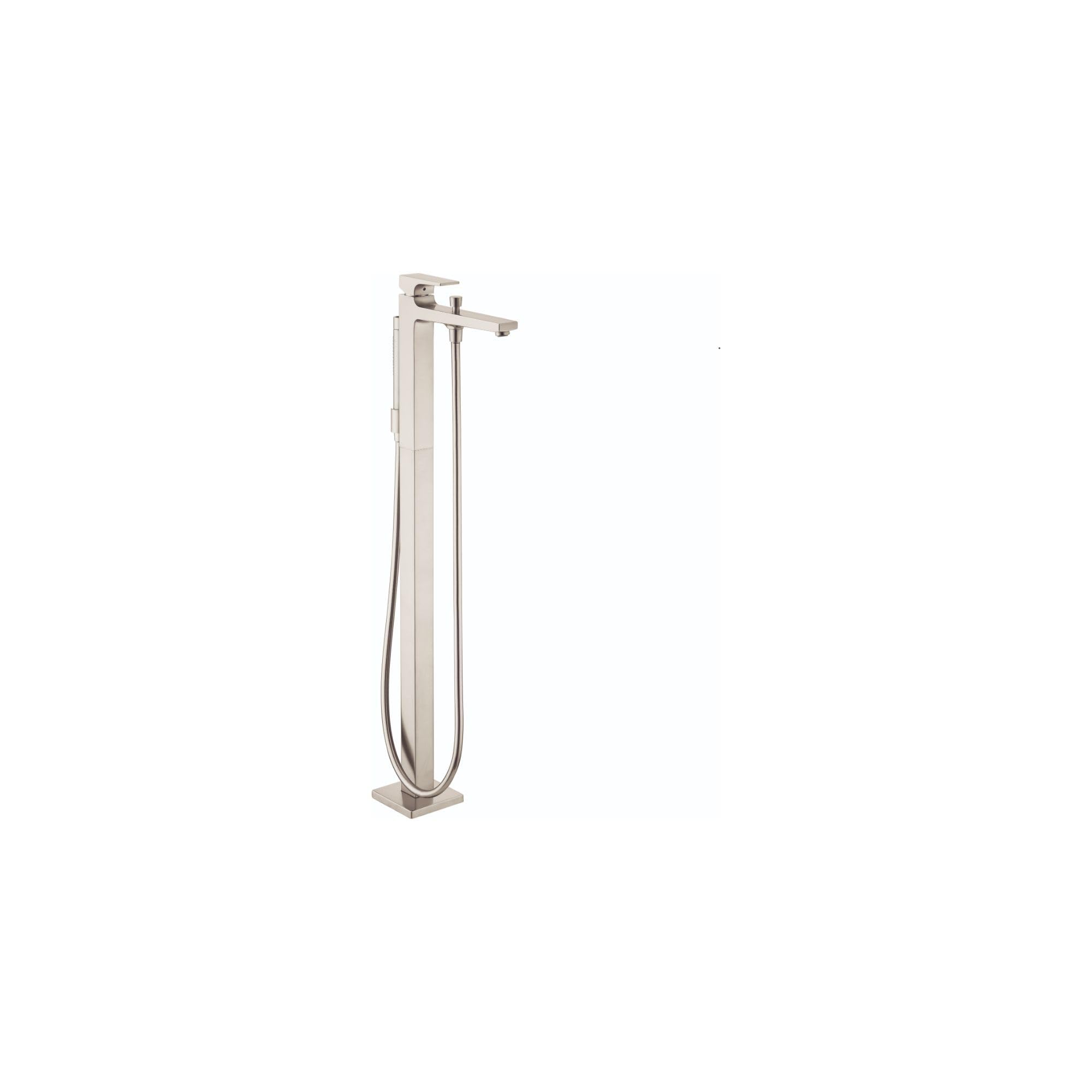 Brushed nickel freestanding tub filler with lever handle and attached handshower on hose.