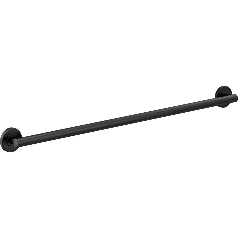 Black horizontal grab bar with circular wall-mounted flanges at each end.