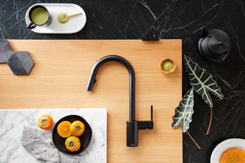 Matte black high-arc pulldown kitchen faucet with single handle mounted on wooden countertop.