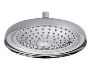 Chrome round raincan shower head with multiple spray jets and center connection port.