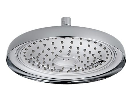 Chrome round raincan shower head with multiple spray jets and center connection port.