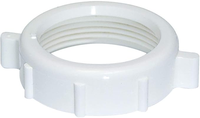 White plastic slip joint nut with threaded interior and grip ridges on exterior.