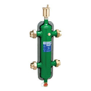 Green cylindrical hydro separator with brass sweat union connections on sides and top vent valve.