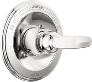 Chrome and white Delta Foundations Monitor 13 Series valve trim with single lever handle and round escutcheon plate.