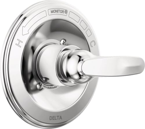 Chrome and white Delta Foundations Monitor 13 Series valve trim with single lever handle and round escutcheon plate.