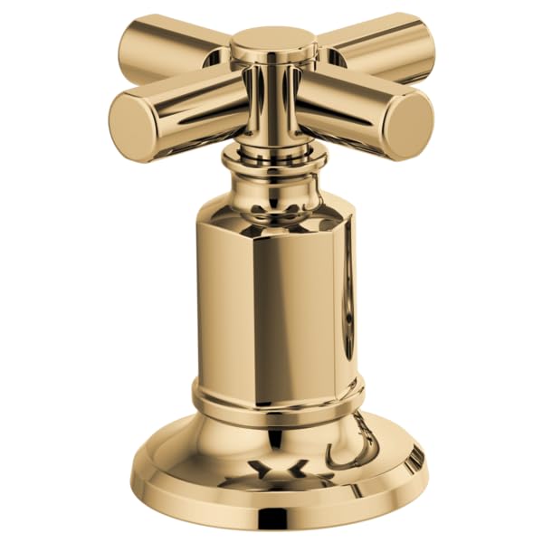 Polished brass widespread lavatory faucet handle kit with cross handles and cylindrical body on round base.