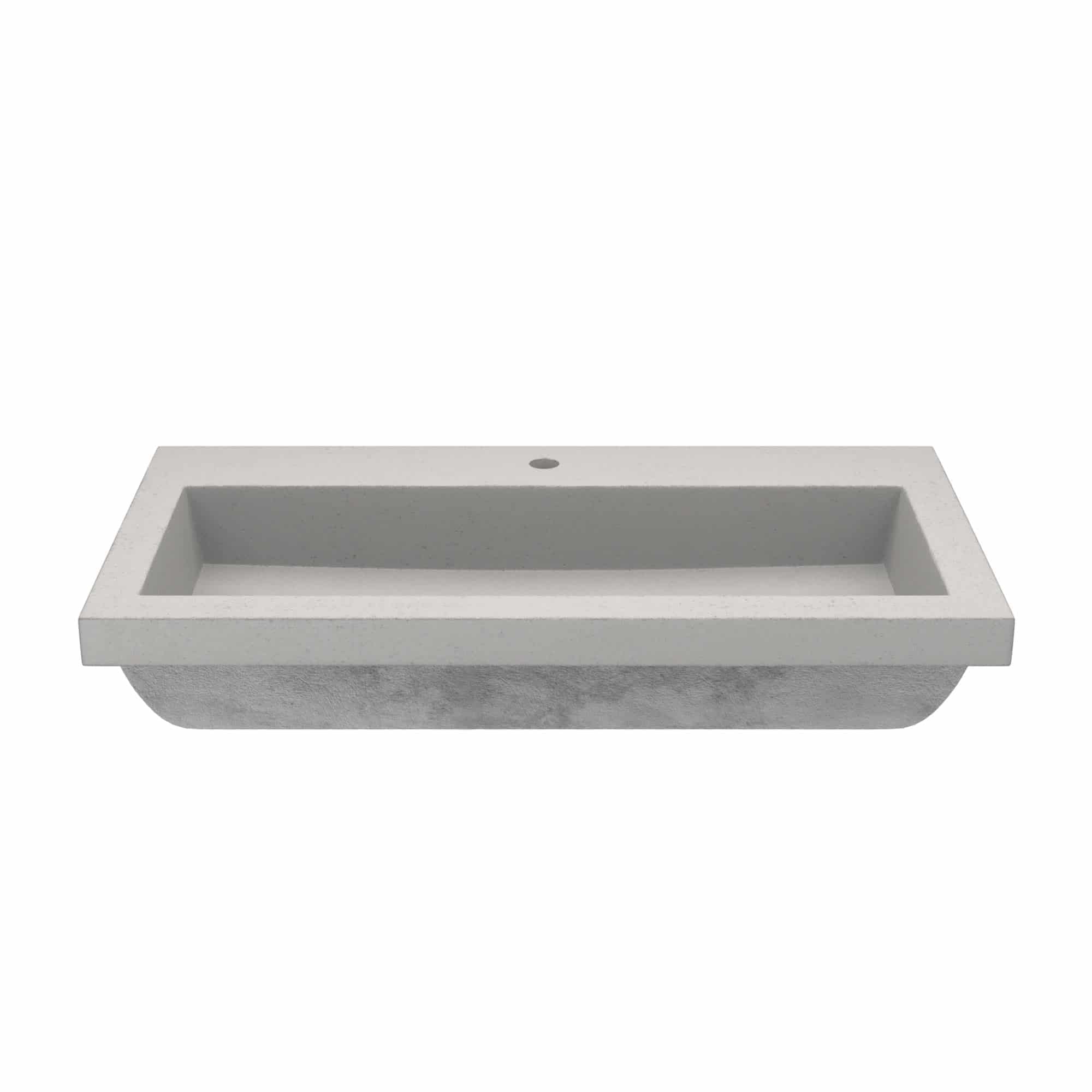 Rectangular ash-colored trough bathroom sink with single faucet hole and curved underside.