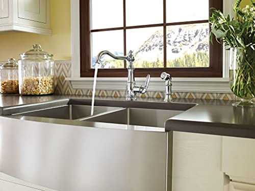 Stainless steel double bowl farmhouse sink with apron front and chrome faucet installed in kitchen countertop.