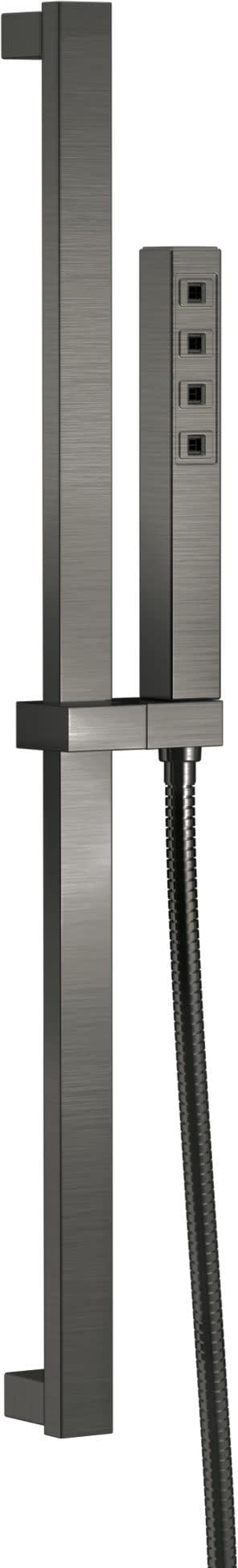 Square brushed nickel slide bar hand shower system with vertical rail, control valve, and flexible hose.