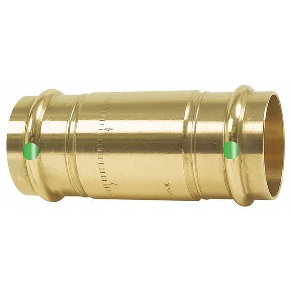 Bronze press check valve with two green indicator buttons and press-fit connection ends on both sides.