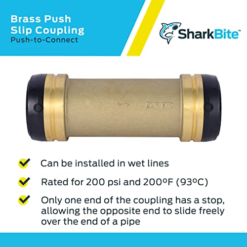 Brass cylindrical slip coupling fitting with black grip rings on each end and center stop mechanism for 2-inch push-to-connec