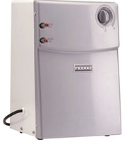 Stainless steel water filtration system with control knob on top, indicator lights on front panel, and outlet valve at bottom