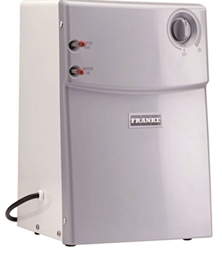 Stainless steel water filtration system with control knob on top, indicator lights on front panel, and outlet valve at bottom