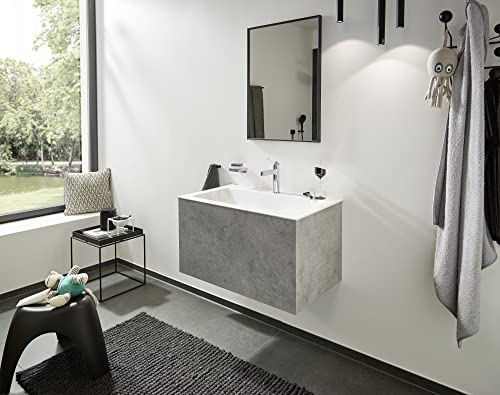 Chrome single-hole bathroom faucet with tall spout and pop-up drain installed on white sink basin.