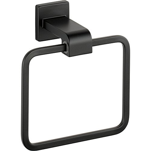 Black metal towel ring with square mounting plate and open loop design.