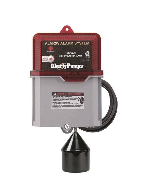 Red and gray Liberty Pumps liquid level alarm unit with black cord and conical float sensor attachment.