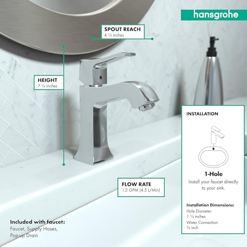 Chrome single-hole bathroom faucet with curved spout, 7.9 inches tall, mounted on white sink basin.