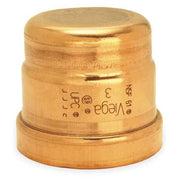 Copper press end cap with flat top and cylindrical base, marked with "Viega" text and sizing specifications.