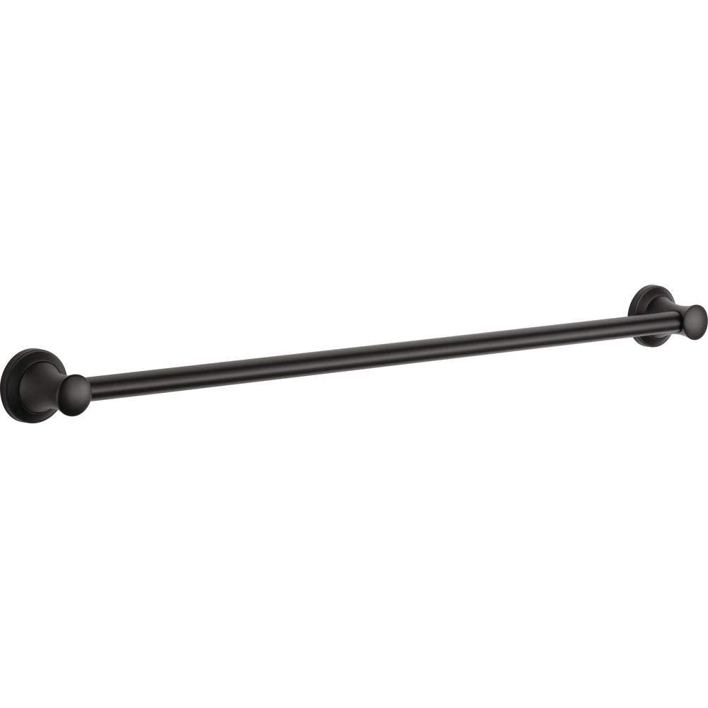 Black metal grab bar with circular wall-mounted flanges at each end and knob details.