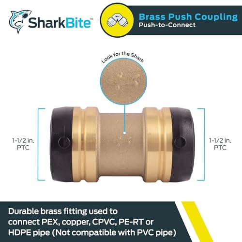 Brass push-to-connect coupling fitting with 1-1/2 inch connections on both ends and black grip rings.