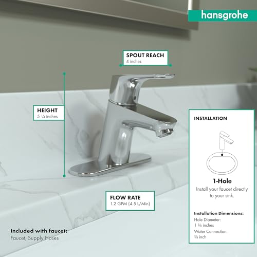 Chrome single-hole bathroom faucet with curved spout, lever handle, and specifications showing 5.1 inches height and 2 inches