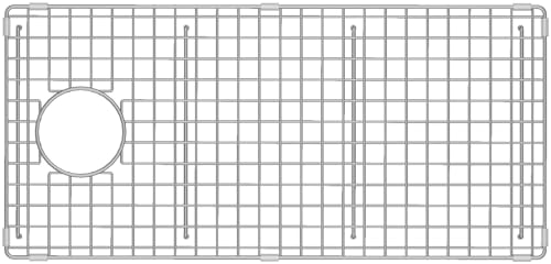 Stainless steel wire sink grid with square mesh pattern and circular drain opening on left side.