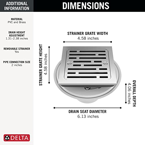 Chrome square shower drain with 4.58-inch grate and 6.13-inch drain seat diameter, removable strainer grate included.