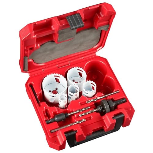 Red plastic case containing nine white hole saws of varying sizes, drill bit, and arbor tool.