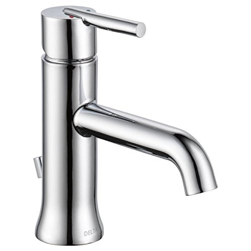 Chrome single-handle bathroom faucet with cylindrical body and curved spout.