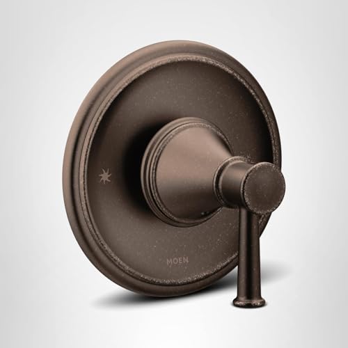 Oil rubbed bronze single-handle shower valve trim with round escutcheon plate and lever handle.