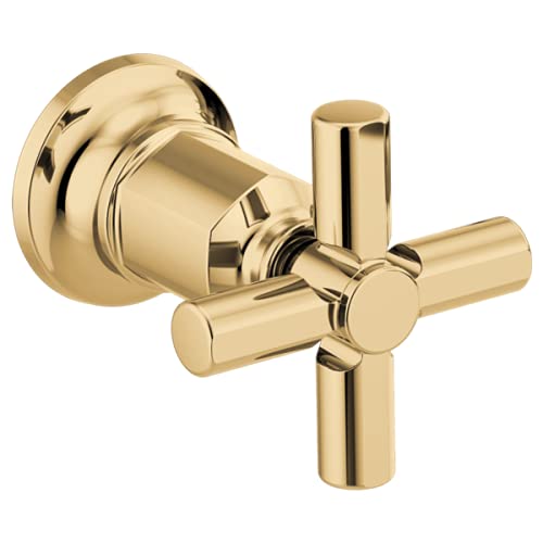 Polished gold wall-mount tub filler with two cross handles and cylindrical spout.