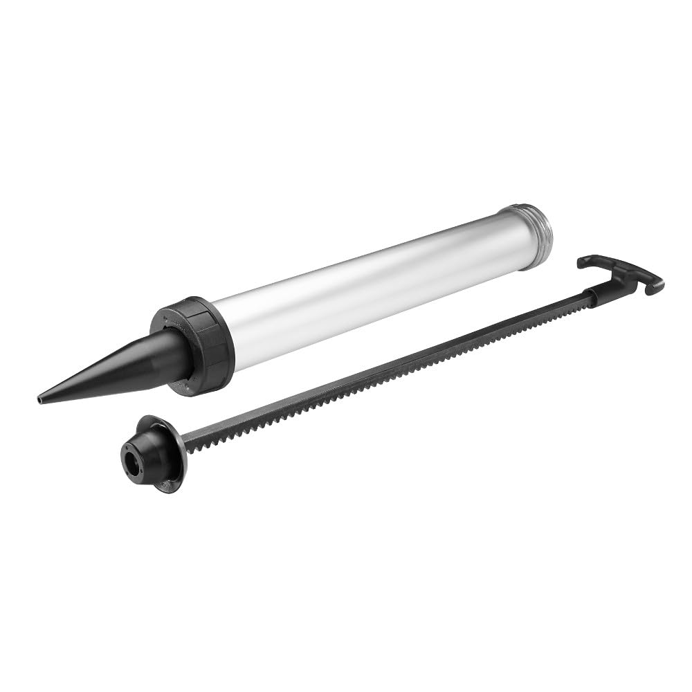 Silver aluminum barrel with black nozzle and plunger rod for caulk gun application.