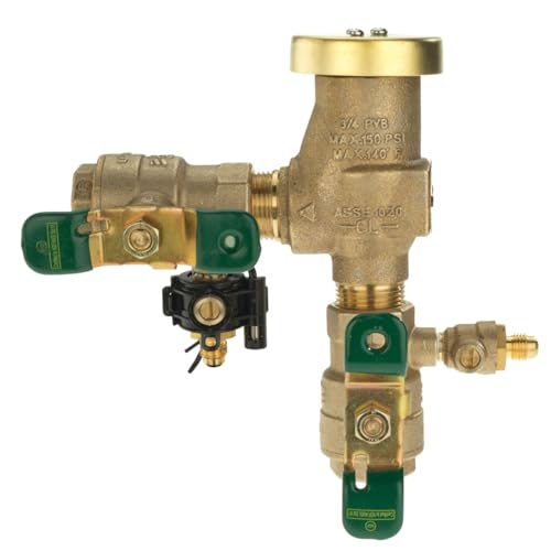 Brass pressure vacuum breaker with 3/4 inch connections, quarter turn tee handle, and freeze sensor with green components.