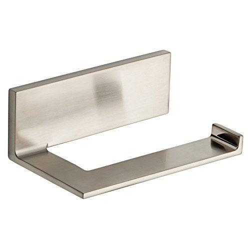 Brushed nickel tissue holder with rectangular backplate and open front shelf design.