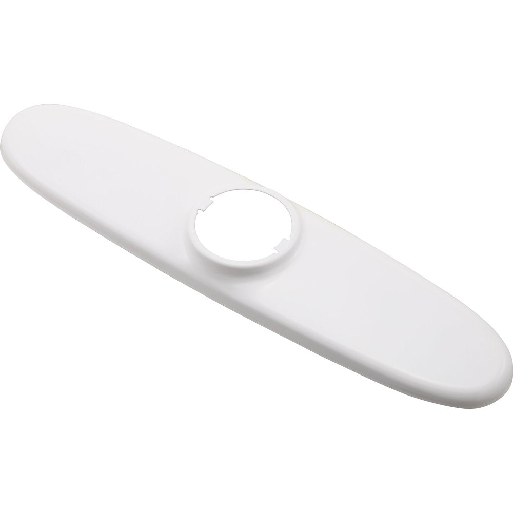 White elongated escutcheon plate with circular opening and raised trim ring for pull-out faucet installation.