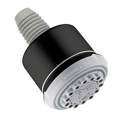 Matte black cylindrical shower head with white face plate showing spray settings and multiple jet holes, gray threaded connec