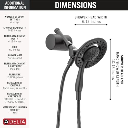 Matte black dual-head shower system with round main showerhead and handheld attachment connected by hose.