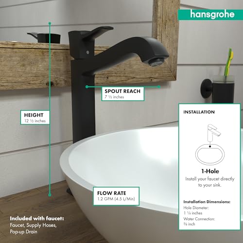 Matte black single-hole bathroom faucet with curved spout, 12 inches tall, installed above round white sink.